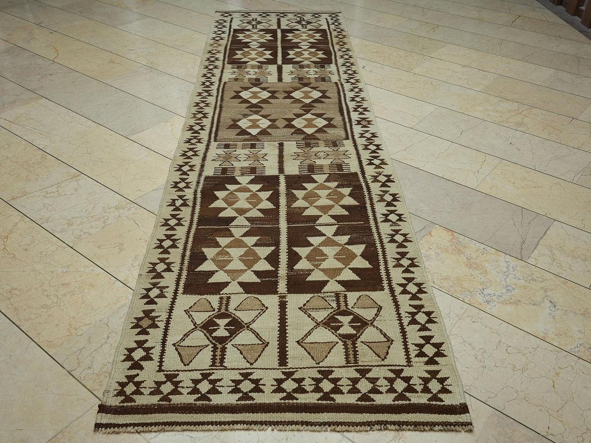 Vintage Turkish Kilim Rug Runner: Brown Cream Wool, 3"x11.3" Feet