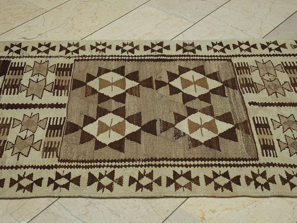 Vintage Turkish Kilim Rug Runner: Brown Cream Wool, 3"x11.3" Feet