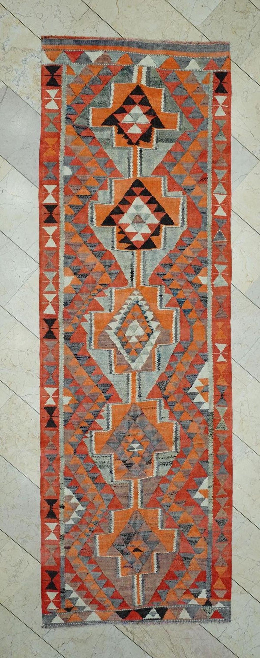 Vintage Turkish Kilim Rug Runner: Orange Wool Flat Woven Rugs. 3,4x10,3 Feet.
