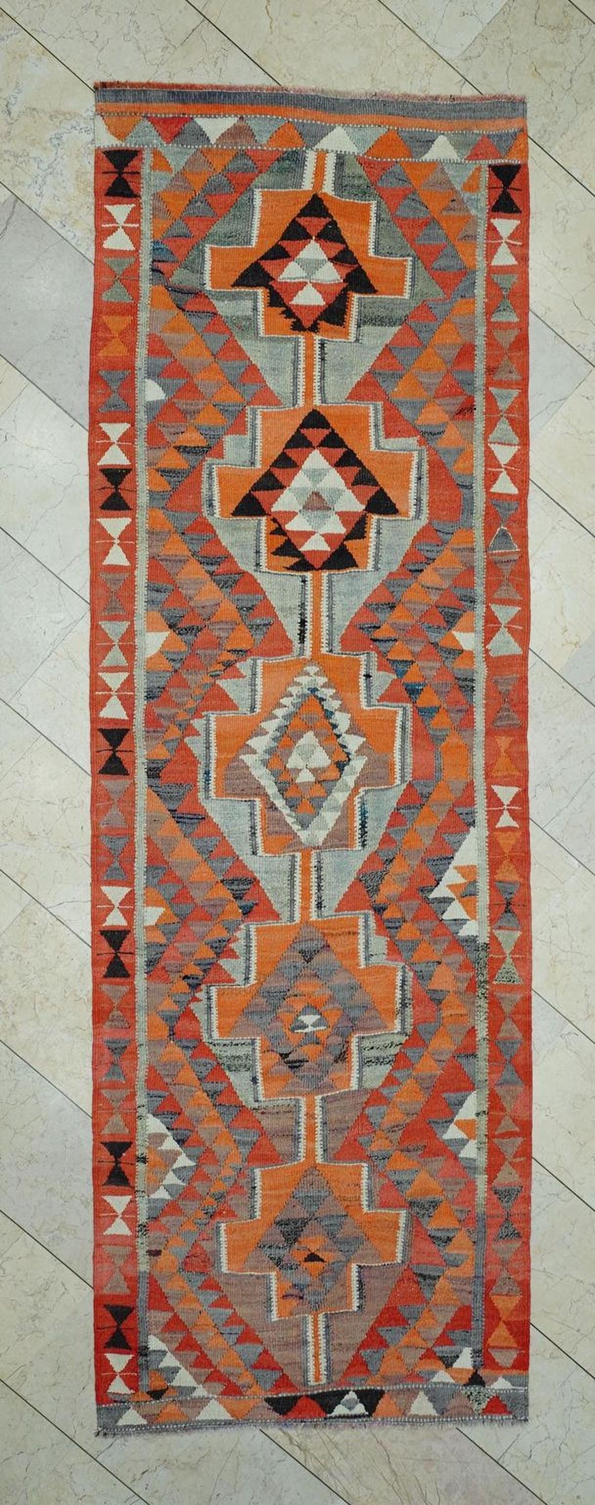 Vintage Turkish Kilim Rug Runner: Orange Wool Flat Woven Rugs. 3,4x10,3 Feet.