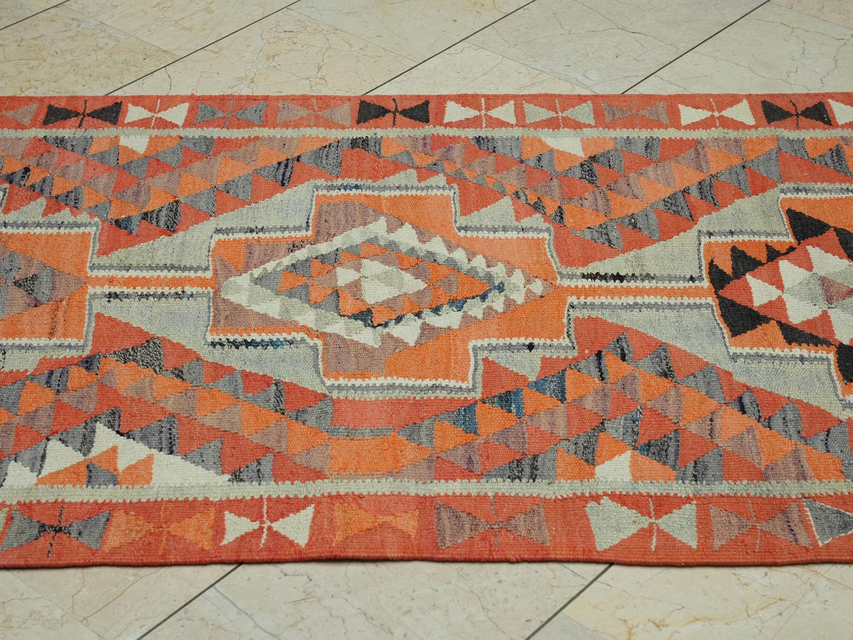Vintage Turkish Kilim Rug Runner: Orange Wool Flat Woven Rugs. 3,4x10,3 Feet.