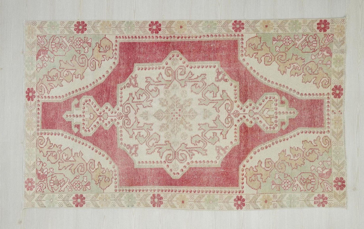 Vintage Oushak Rug: 4.3x7.4 ft, Beige & Red Turkish Wool Carpet.