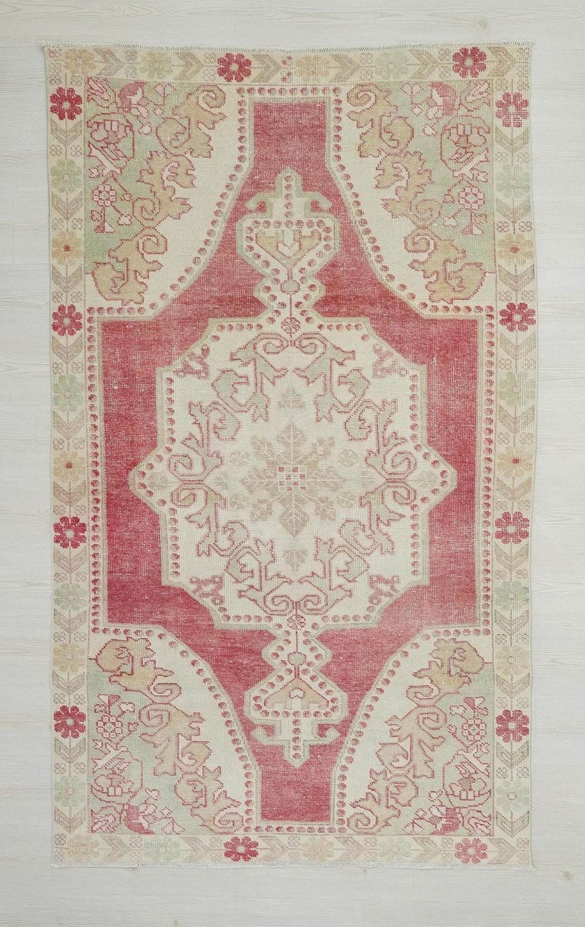 Vintage Oushak Rug: 4.3x7.4 ft, Beige & Red Turkish Wool Carpet.