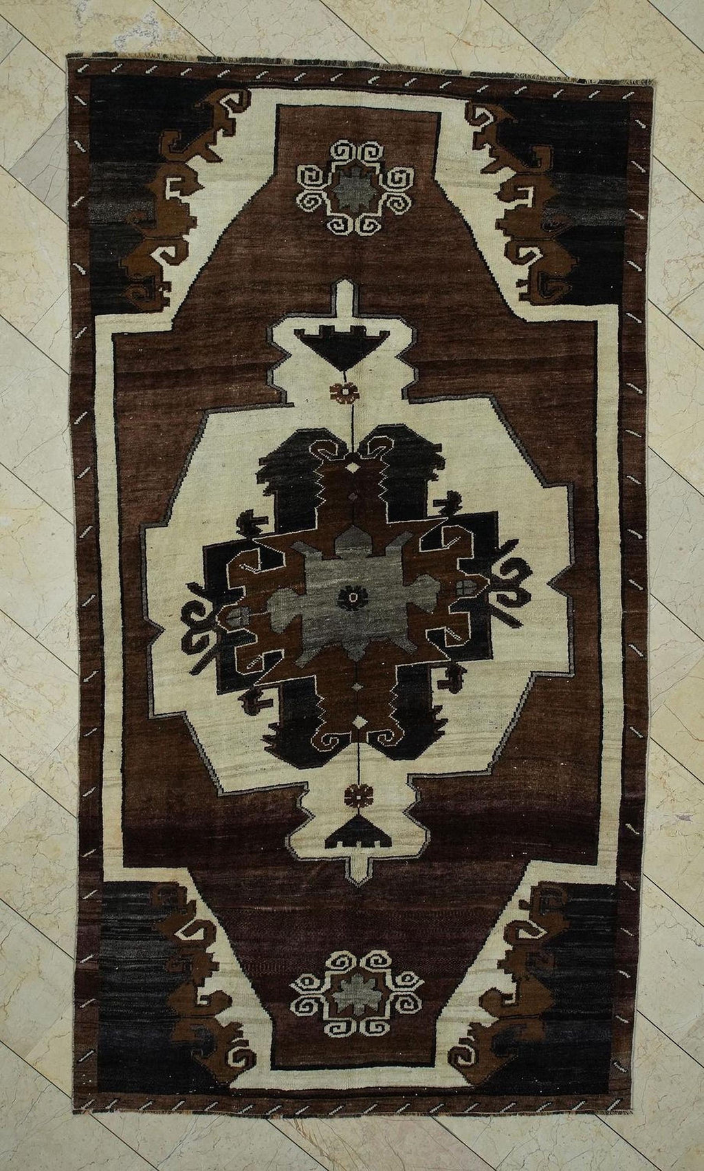 Antique Turkish Kars Rug: Primitive Geometric Wool Carpet Rugs, 5.2 x 9.6 ft.