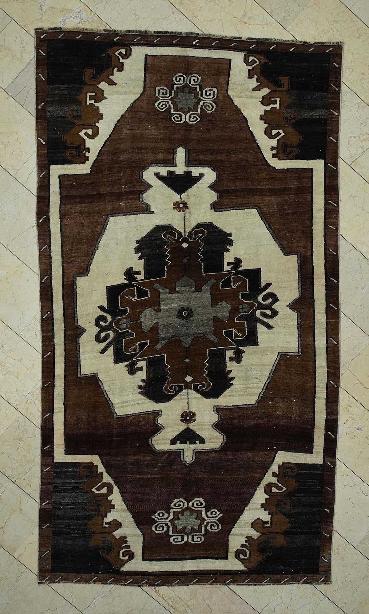 Antique Turkish Kars Rug: Primitive Geometric Wool Carpet Rugs, 5.2 x 9.6 ft.