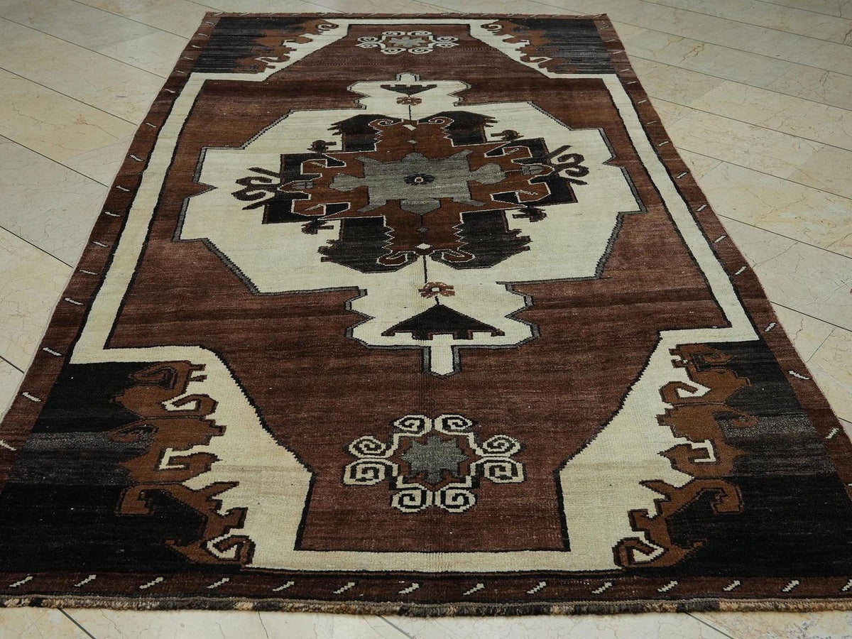 Antique Turkish Kars Rug: Primitive Geometric Wool Carpet Rugs, 5.2 x 9.6 ft.