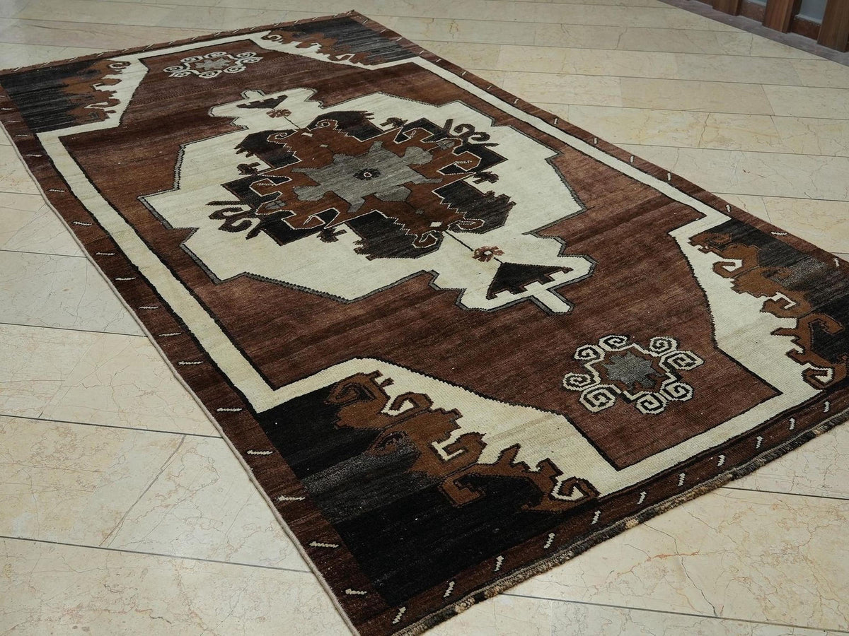 Antique Turkish Kars Rug: Primitive Geometric Wool Carpet Rugs, 5.2 x 9.6 ft.