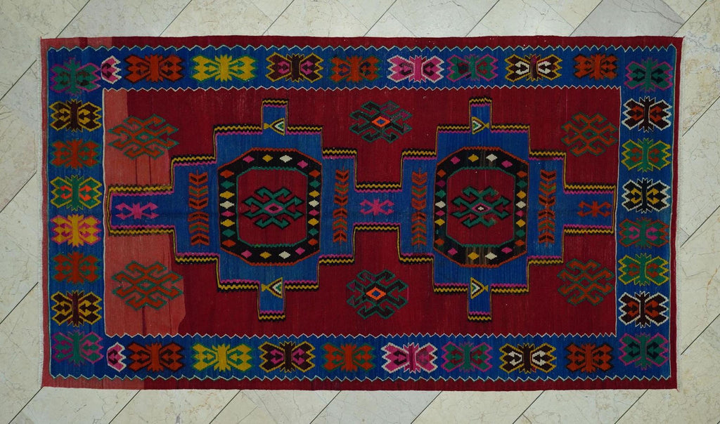 Blue & Red Turkish Kilim Rug: 4.9x8.6 Ft, Rare Pattern Antique Flat Weave Rugs.