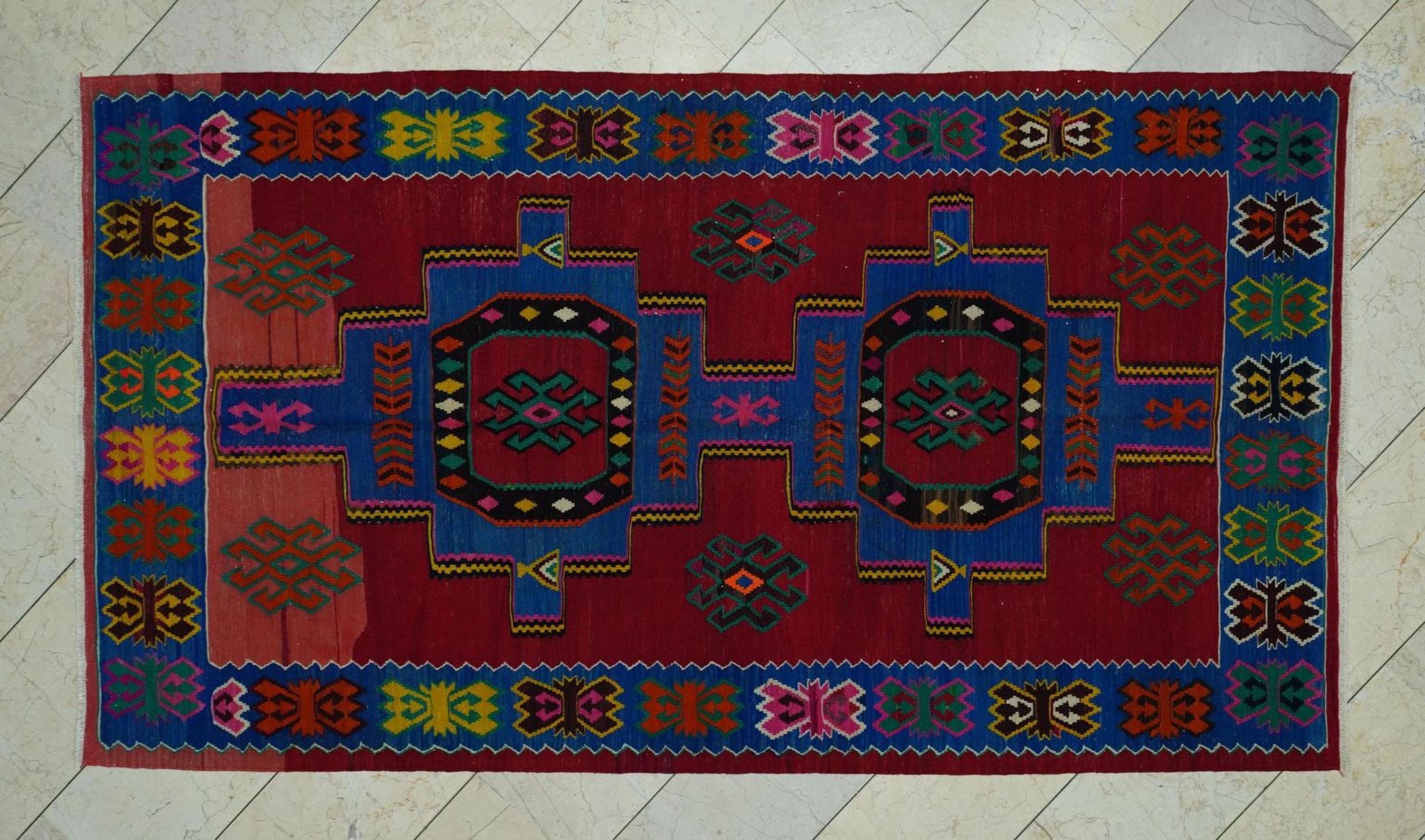 Blue & Red Turkish Kilim Rug: 4.9x8.6 Ft, Rare Pattern Antique Flat Weave Rugs.