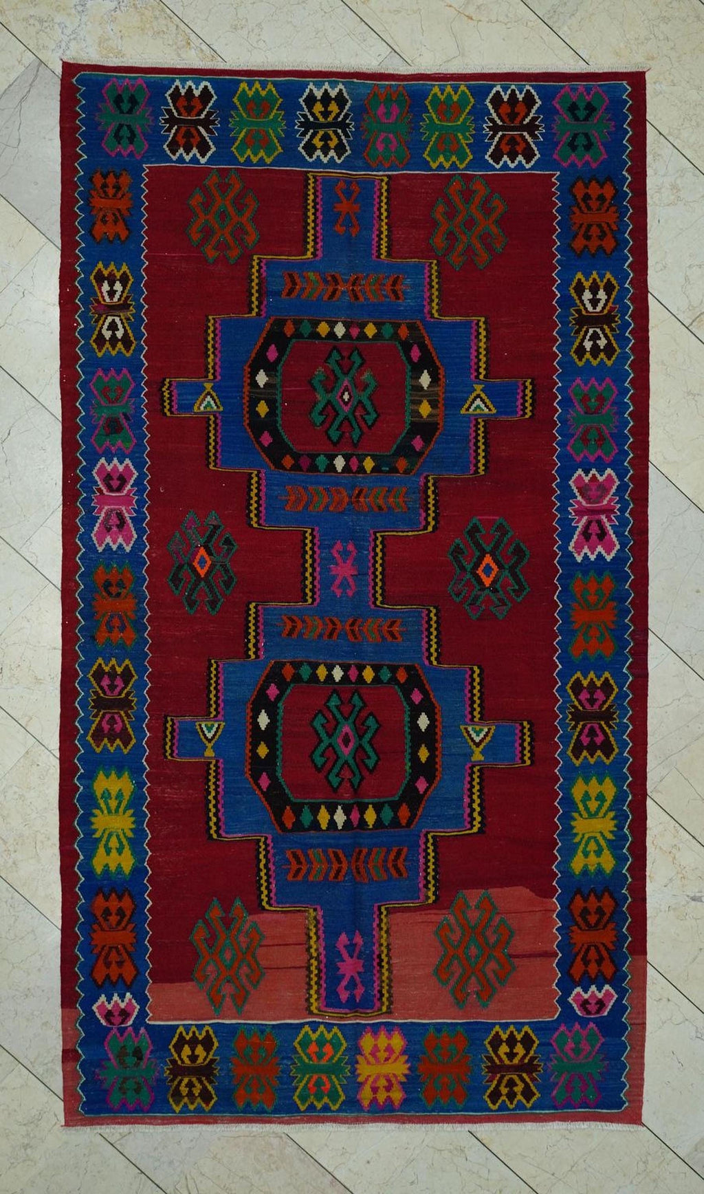 Blue & Red Turkish Kilim Rug: 4.9x8.6 Ft, Rare Pattern Antique Flat Weave Rugs.