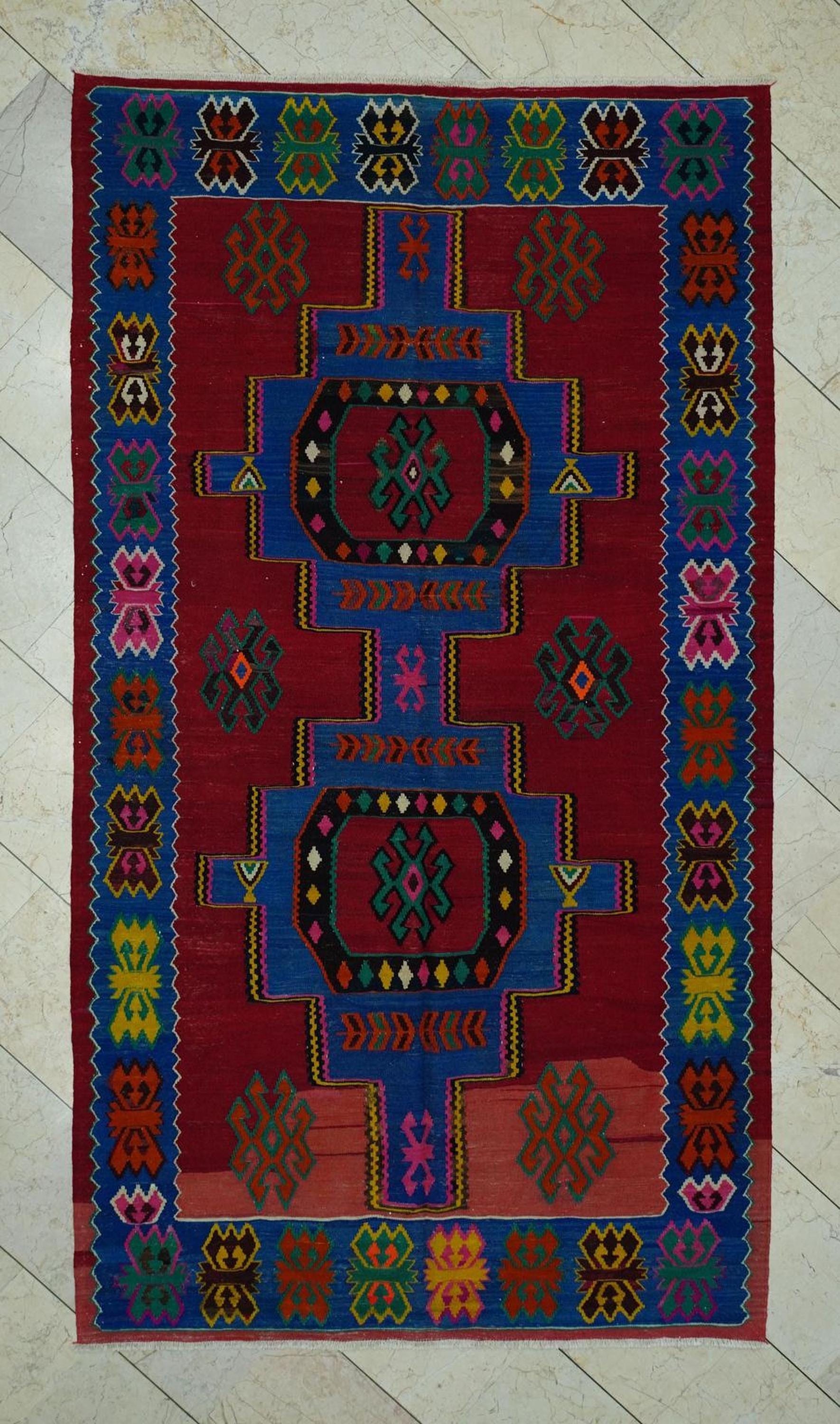 Blue & Red Turkish Kilim Rug: 4.9x8.6 Ft, Rare Pattern Antique Flat Weave Rugs.