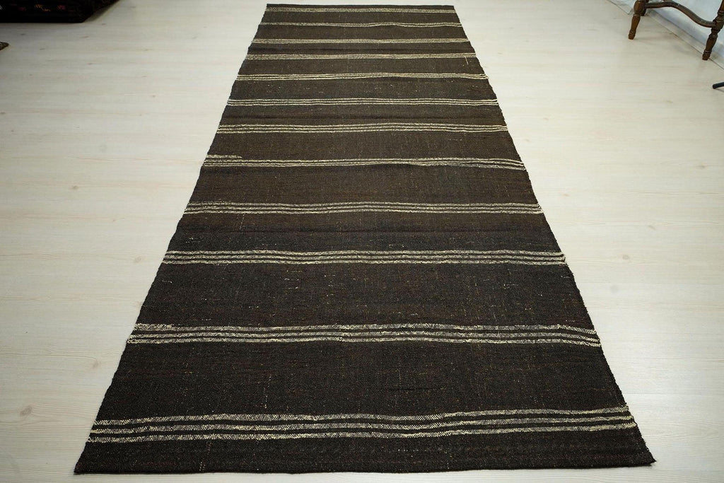 Long Goat Hair Kilim Rug: 4.3x10.9 ft, Striped Flat Weave Dark Brown Rugs.