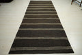 Long Goat Hair Kilim Rug: 4.3x10.9 ft, Striped Flat Weave Dark Brown Rugs.