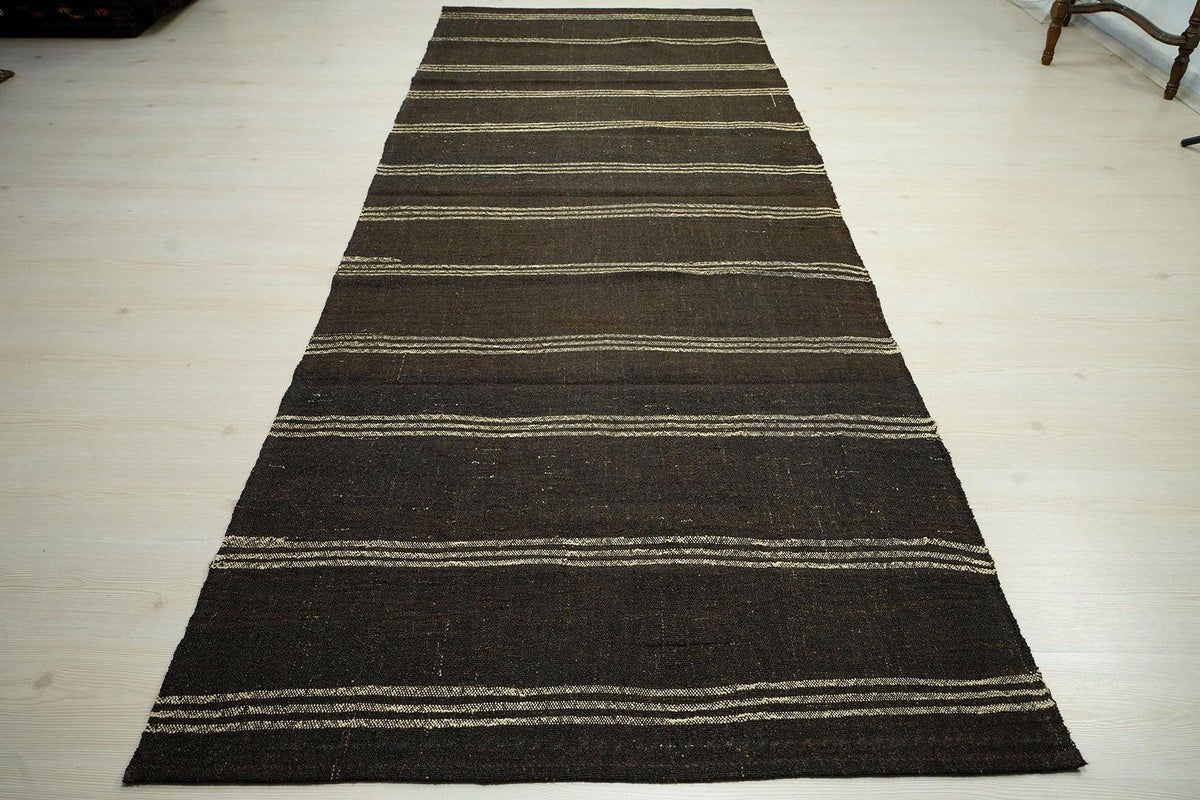 Long Goat Hair Kilim Rug: 4.3x10.9 ft, Striped Flat Weave Dark Brown Rugs.