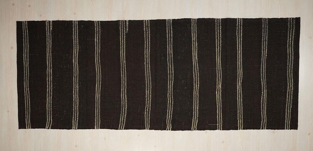 Long Goat Hair Kilim Rug: 4.3x10.9 ft, Striped Flat Weave Dark Brown Rugs.