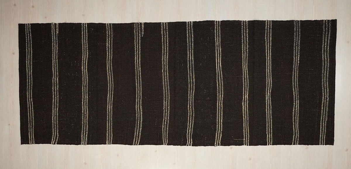 Long Goat Hair Kilim Rug: 4.3x10.9 ft, Striped Flat Weave Dark Brown Rugs.