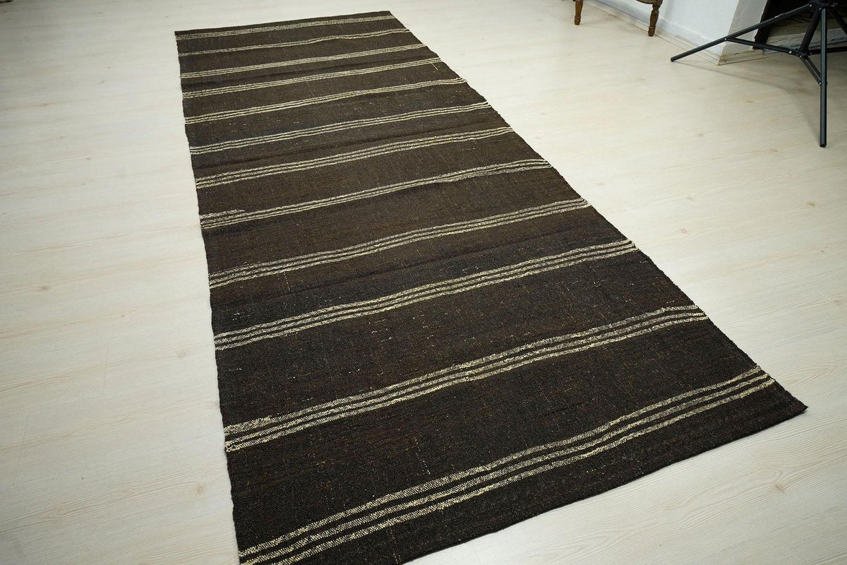Long Goat Hair Kilim Rug: 4.3x10.9 ft, Striped Flat Weave Dark Brown Rugs.