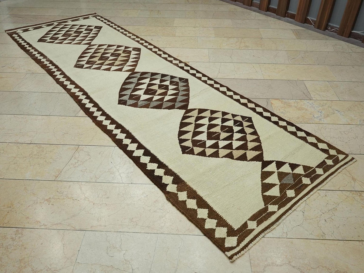 Neutral Wool Kilim Rug Runner: 3,4x11,2 Ft, Vintage Home Decor Turkish Rugs