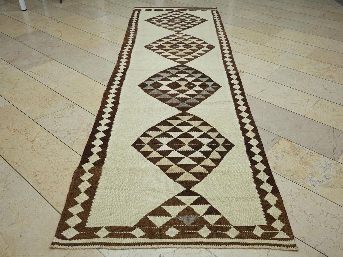 Neutral Wool Kilim Rug Runner: 3,4x11,2 Ft, Vintage Home Decor Turkish Rugs