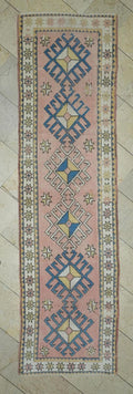 3x10 Blue & Salmon Pink Turkish Runner Rug: Kitchen Floor Decor Handmade Wool Rugs.