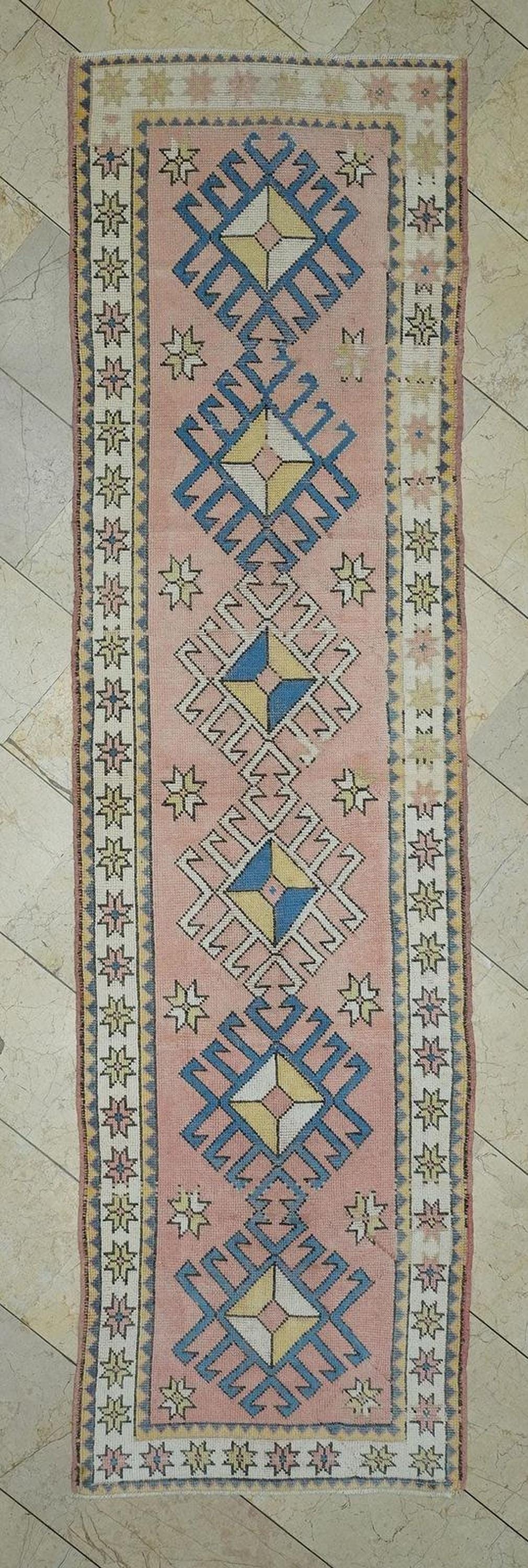 3x10 Blue & Salmon Pink Turkish Runner Rug: Kitchen Floor Decor Handmade Wool Rugs.