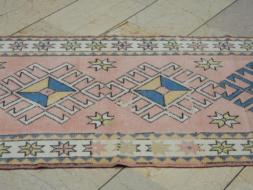 3x10 Blue & Salmon Pink Turkish Runner Rug: Kitchen Floor Decor Handmade Wool Rugs.