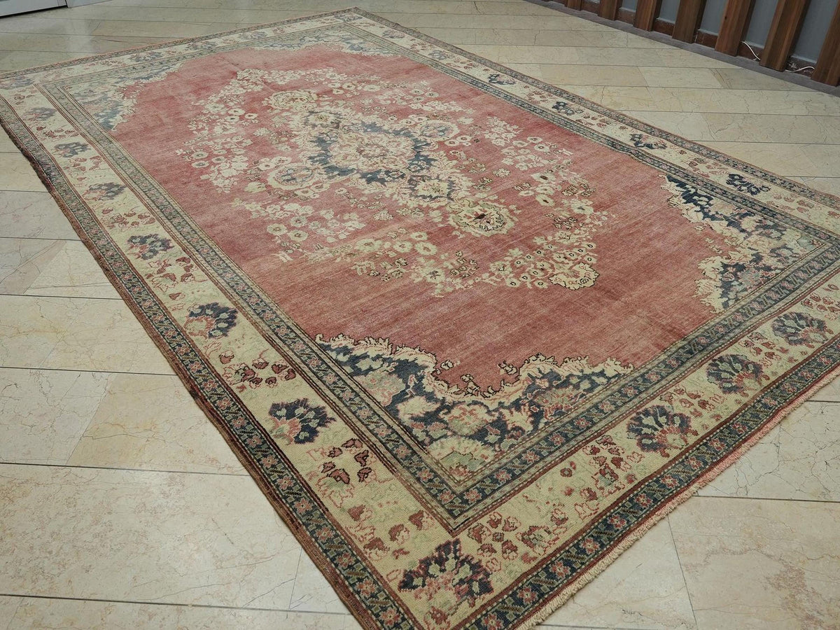 1930s Turkish Carpet Rug: 7.4x12 ft, Handmade Wool, Geometric Design Rugs.