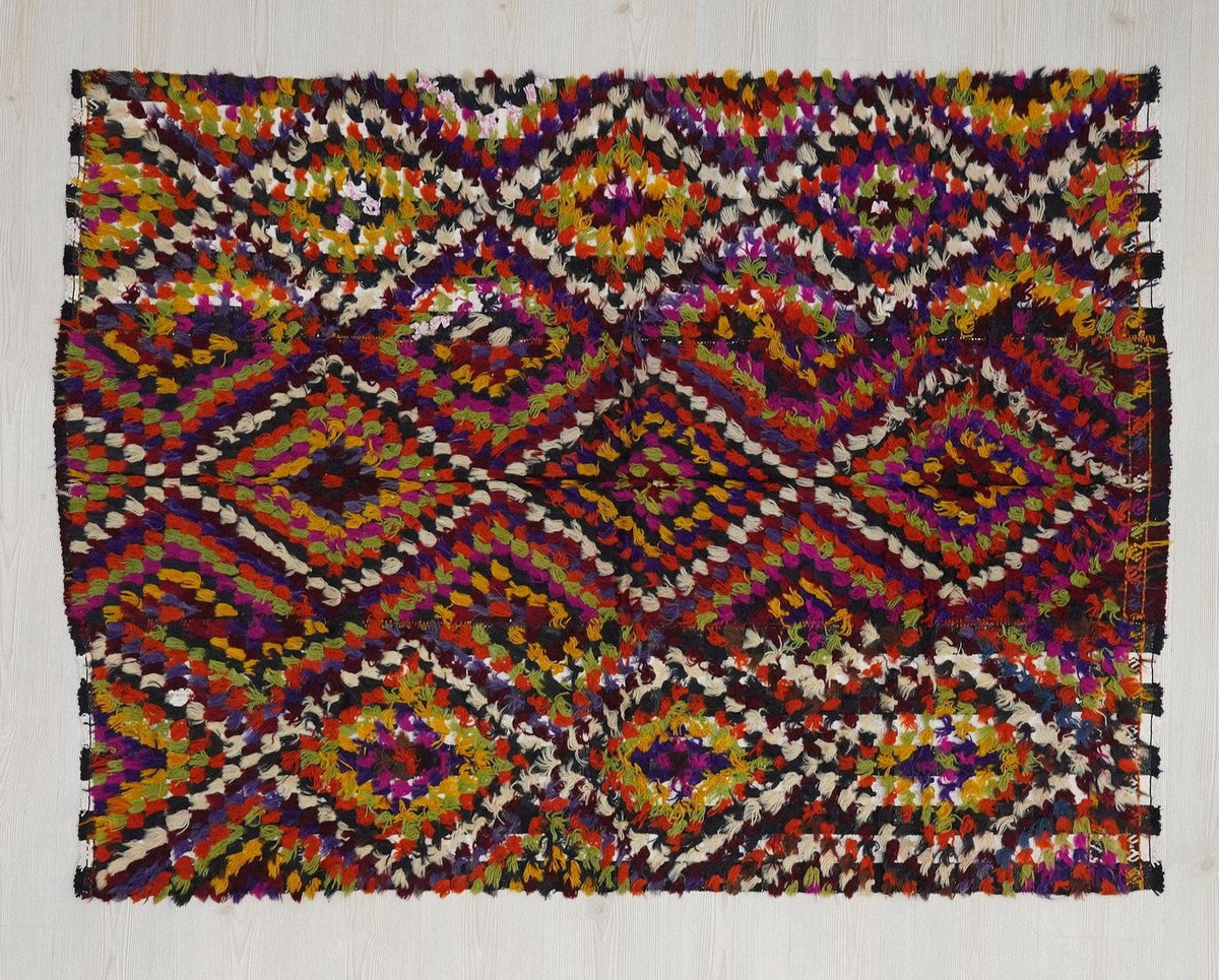 Vintage Turkish Tulu Rug: 4x6 Colorful Wool Kilim, Fireplace Decor