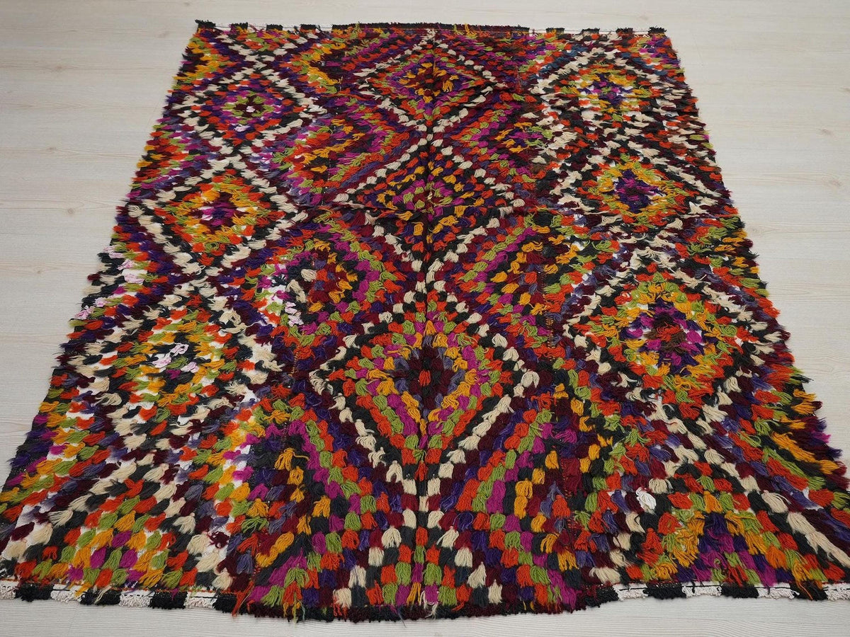 Vintage Turkish Tulu Rug: 4x6 Colorful Wool Kilim, Fireplace Decor