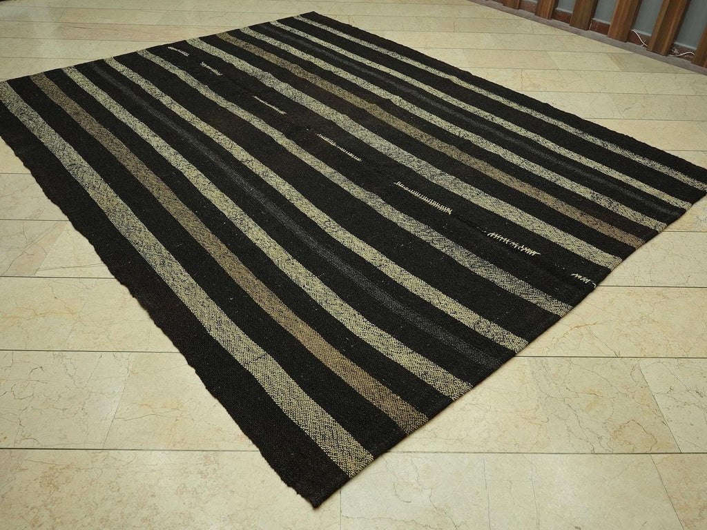 7x9 Dark Brown & Cream Natural Goat Hair Rug: Outdoor Decor Turkish Nomadic Woven Rugs.