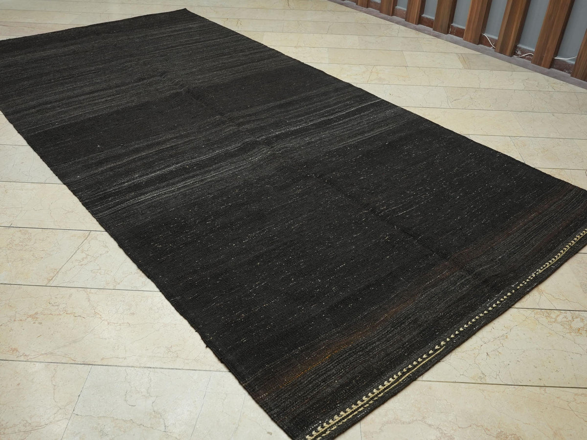 Striped Goat Hair Kilim Rug: Dark Brown & Gray, Turkish Flat Weave Rugs, 5.7x11.6 ft.