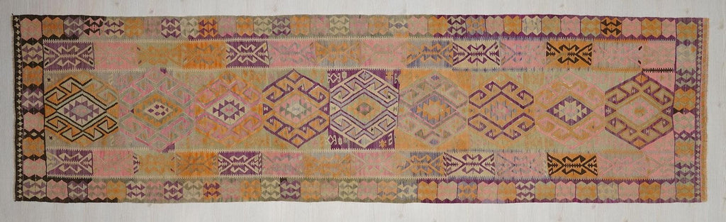 4x14 Pastel Colors Wool Kars Kilim Rug: Antique Turkish Flat Weave Rugs.