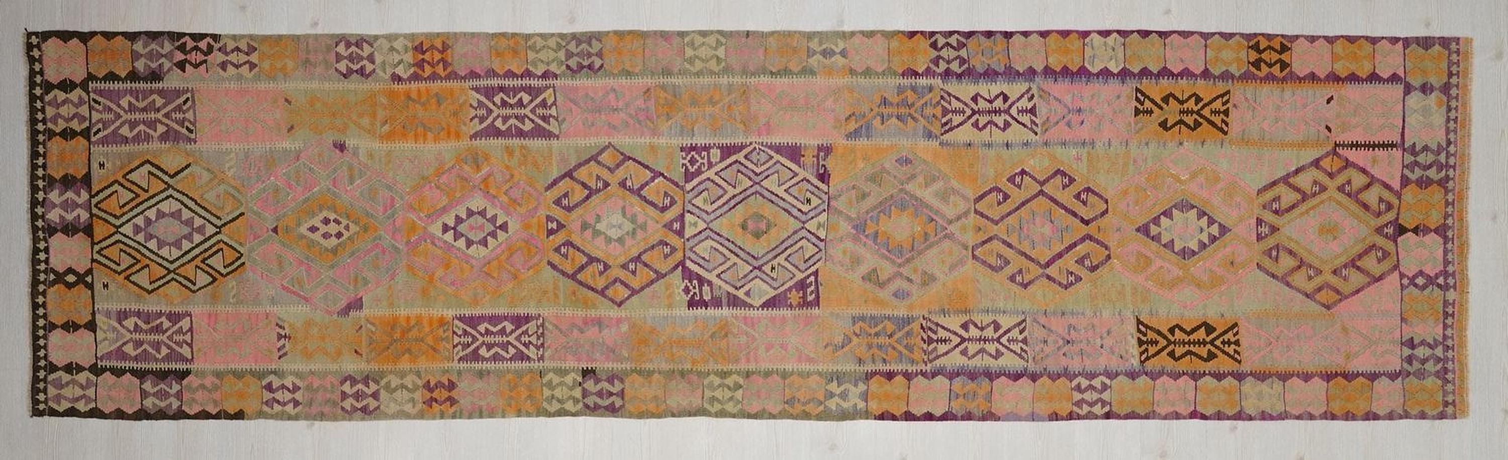 4x14 Pastel Colors Wool Kars Kilim Rug: Antique Turkish Flat Weave Rugs.