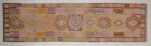 4x14 Pastel Colors Wool Kars Kilim Rug: Antique Turkish Flat Weave Rugs.