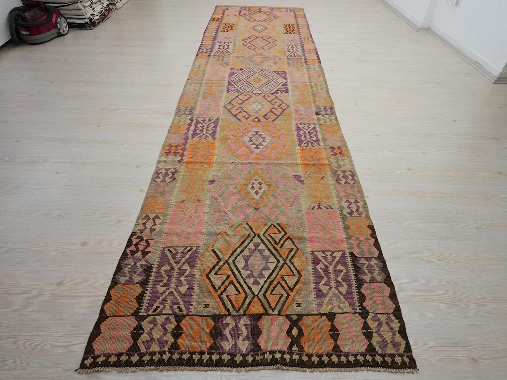 4x14 Pastel Colors Wool Kars Kilim Rug: Antique Turkish Flat Weave Rugs.