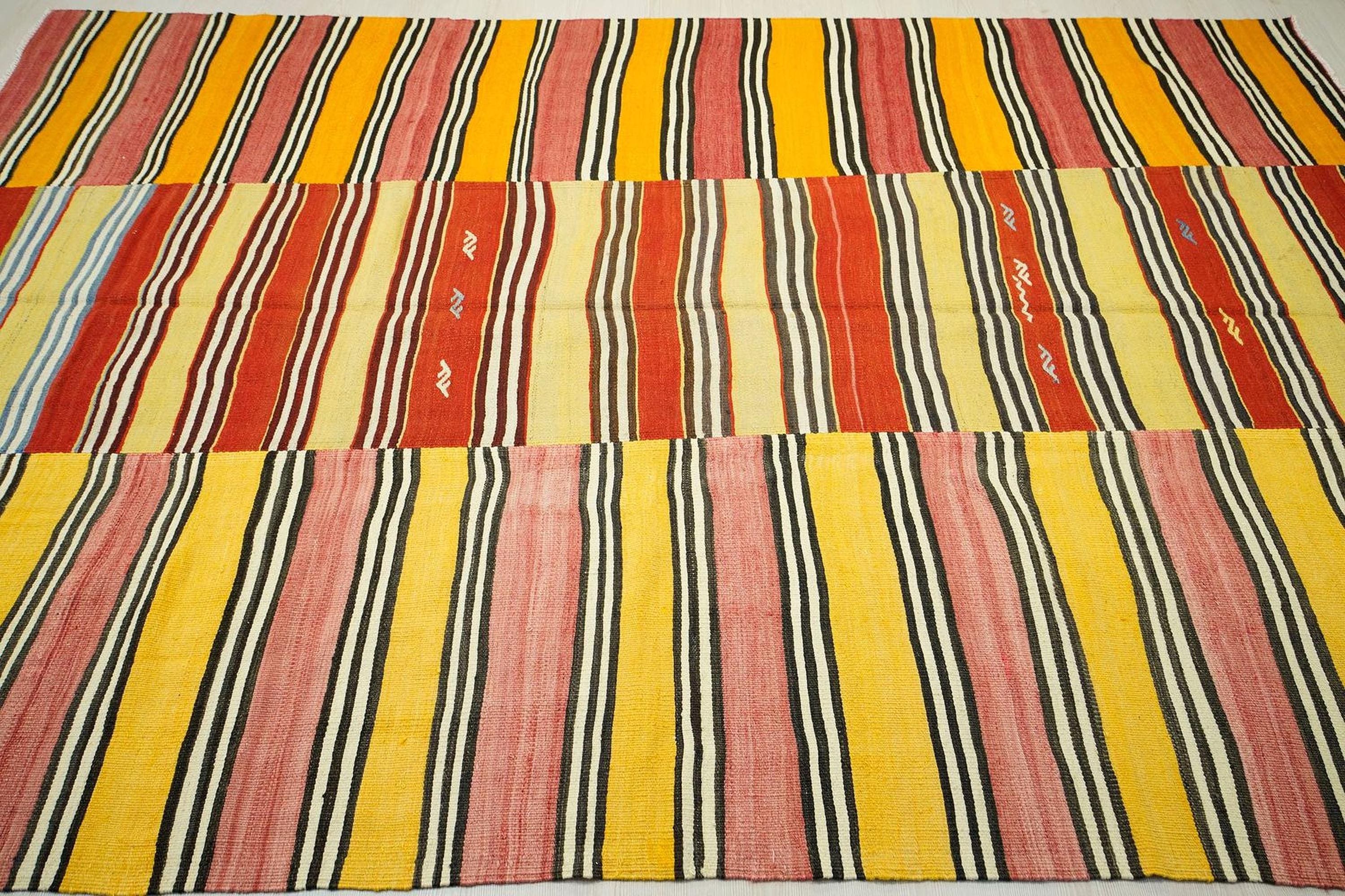 Large Stripe Design Kilim Rug: 6.6x10 ft, Red Yellow Turkish Rugs