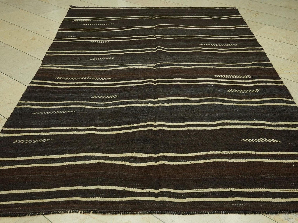 Cream Stripe Dark Brown Goat Hair Kilim Rug:5.6x9.2 Feet,Outdoor Decor Flatweave Rugs.