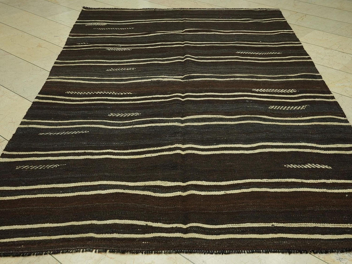 Cream Stripe Dark Brown Goat Hair Kilim Rug:5.6x9.2 Feet,Outdoor Decor Flatweave Rugs.