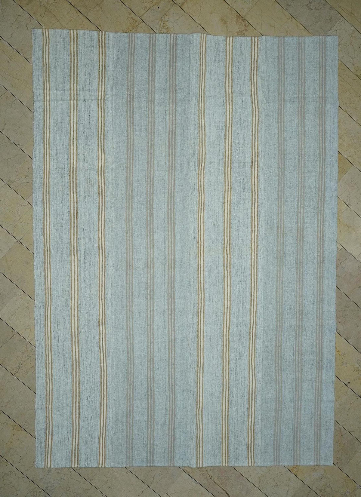 ivory & Terra-cotta Stripe Vintage Turkish Kilim Rug 9x12: Cotton And Goat Hair Handwoven Rugs.