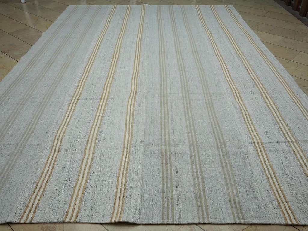 ivory & Terra-cotta Stripe Vintage Turkish Kilim Rug 9x12: Cotton And Goat Hair Handwoven Rugs.