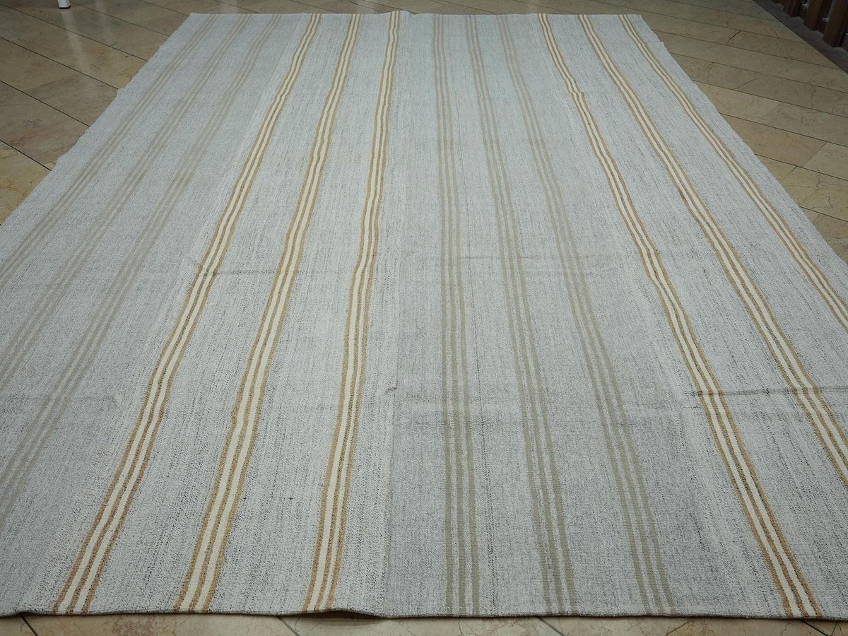 ivory & Terra-cotta Stripe Vintage Turkish Kilim Rug 9x12: Cotton And Goat Hair Handwoven Rugs.