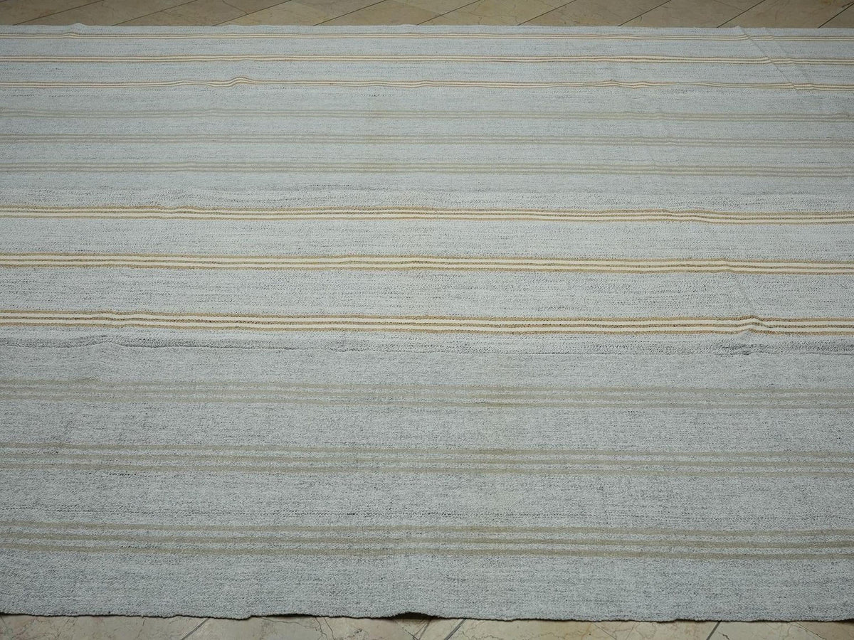 ivory & Terra-cotta Stripe Vintage Turkish Kilim Rug 9x12: Cotton And Goat Hair Handwoven Rugs.
