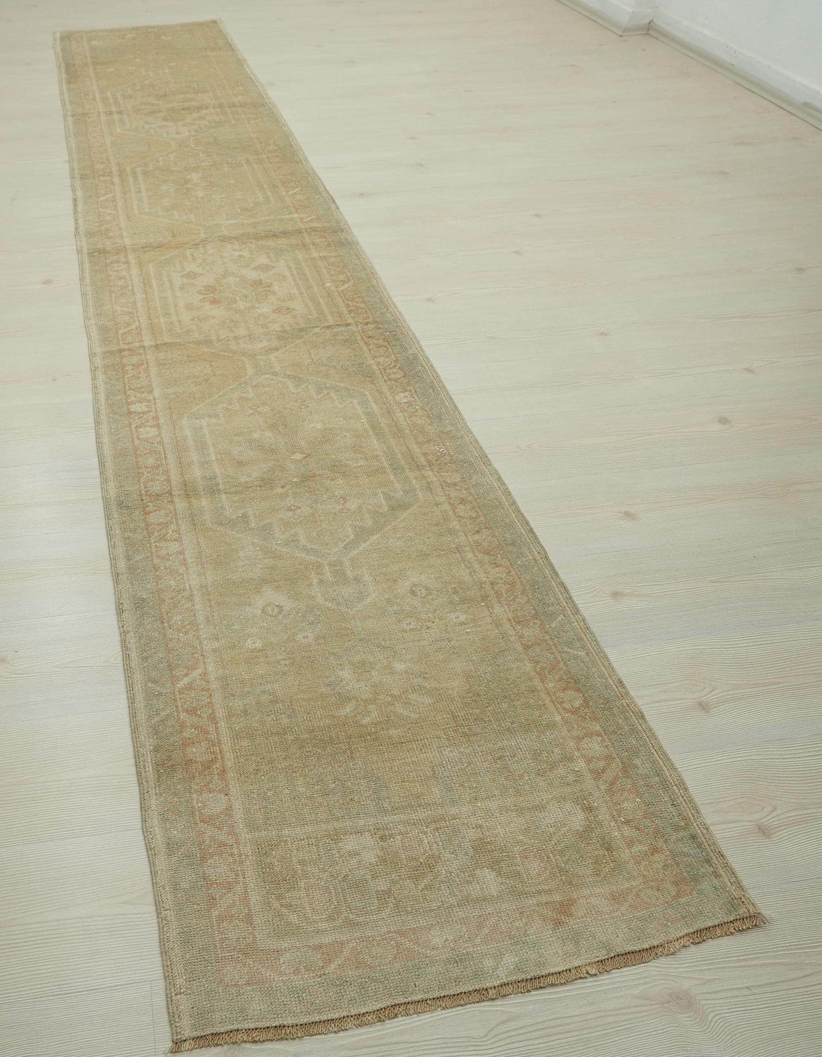 Extra Long Turkish Rug Runner: Handmade Wool Carpet, Faded Primitive Design (2.3x12.7 ft)