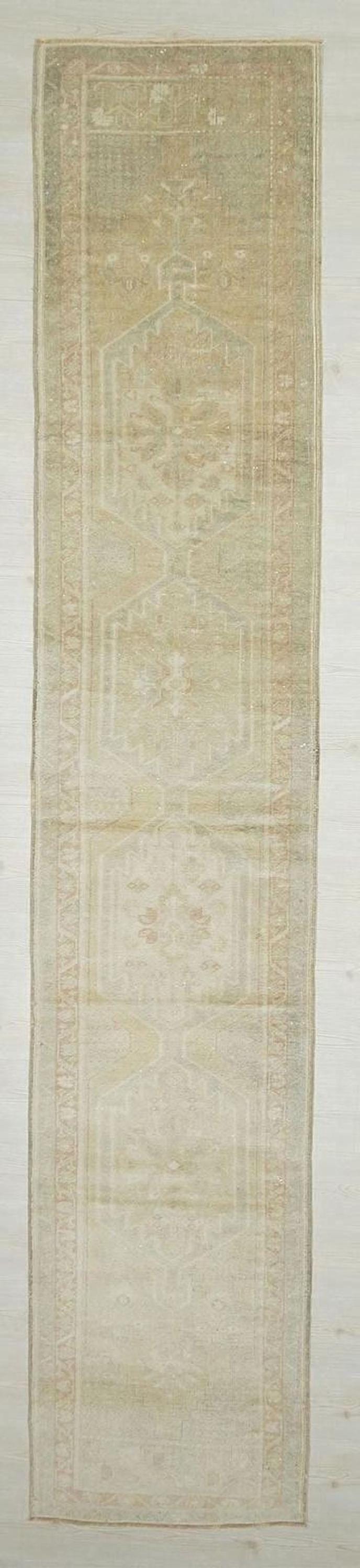 Extra Long Turkish Rug Runner: Handmade Wool Carpet, Faded Primitive Design (2.3x12.7 ft)