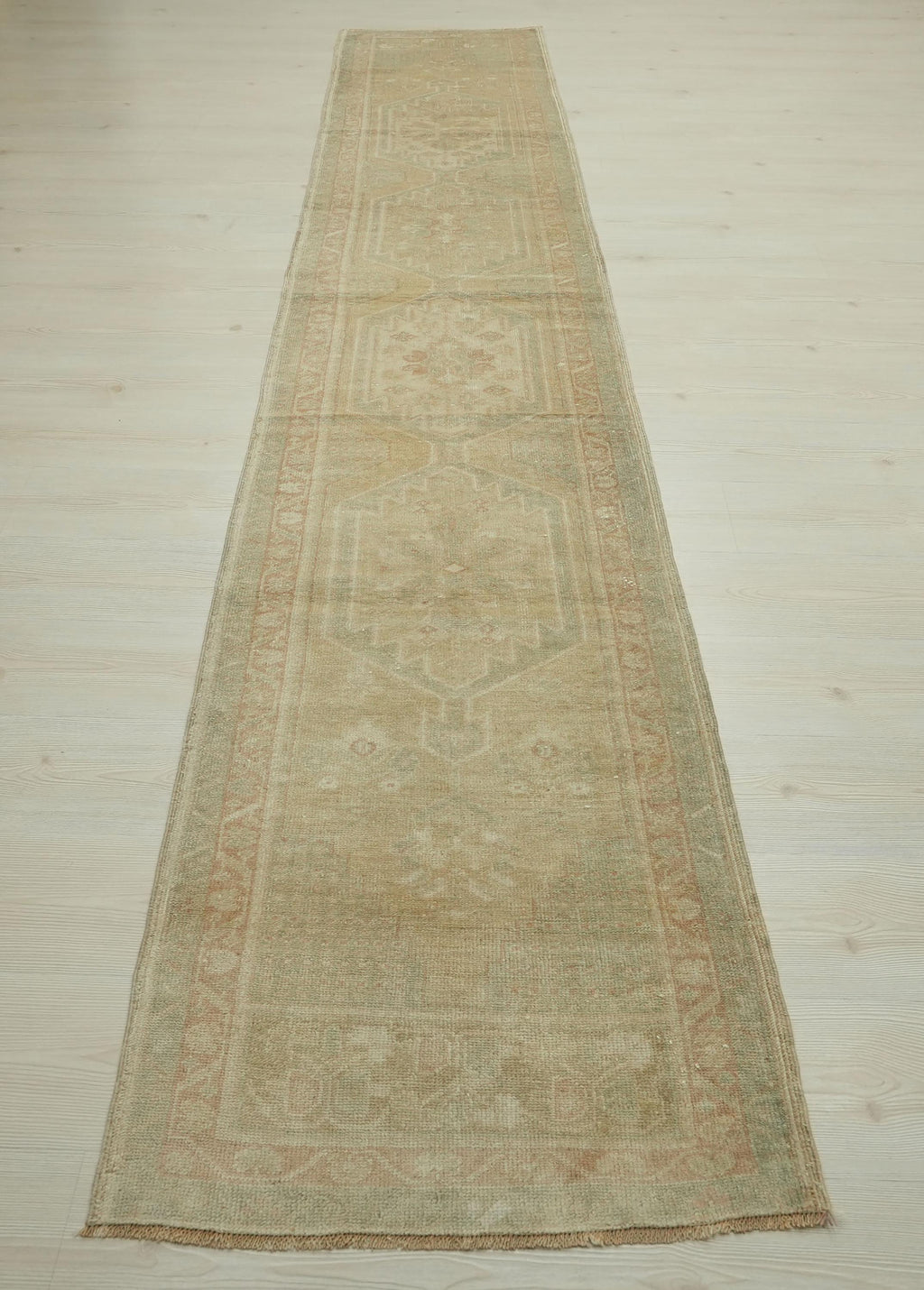 Extra Long Turkish Rug Runner: Handmade Wool Carpet, Faded Primitive Design (2.3x12.7 ft)