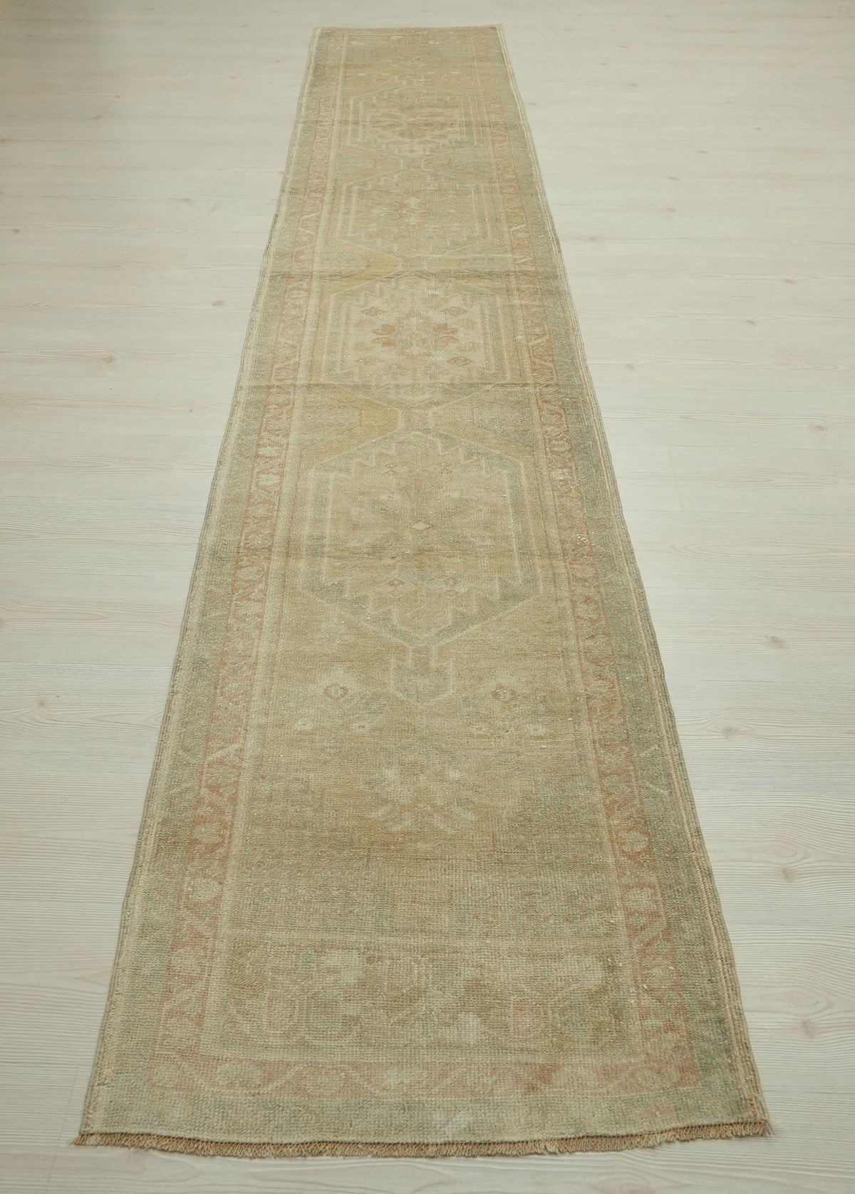Extra Long Turkish Rug Runner: Handmade Wool Carpet, Faded Primitive Design (2.3x12.7 ft)
