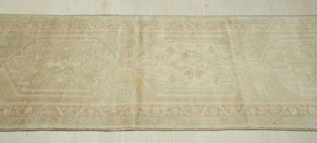 Extra Long Turkish Rug Runner: Handmade Wool Carpet, Faded Primitive Design (2.3x12.7 ft)