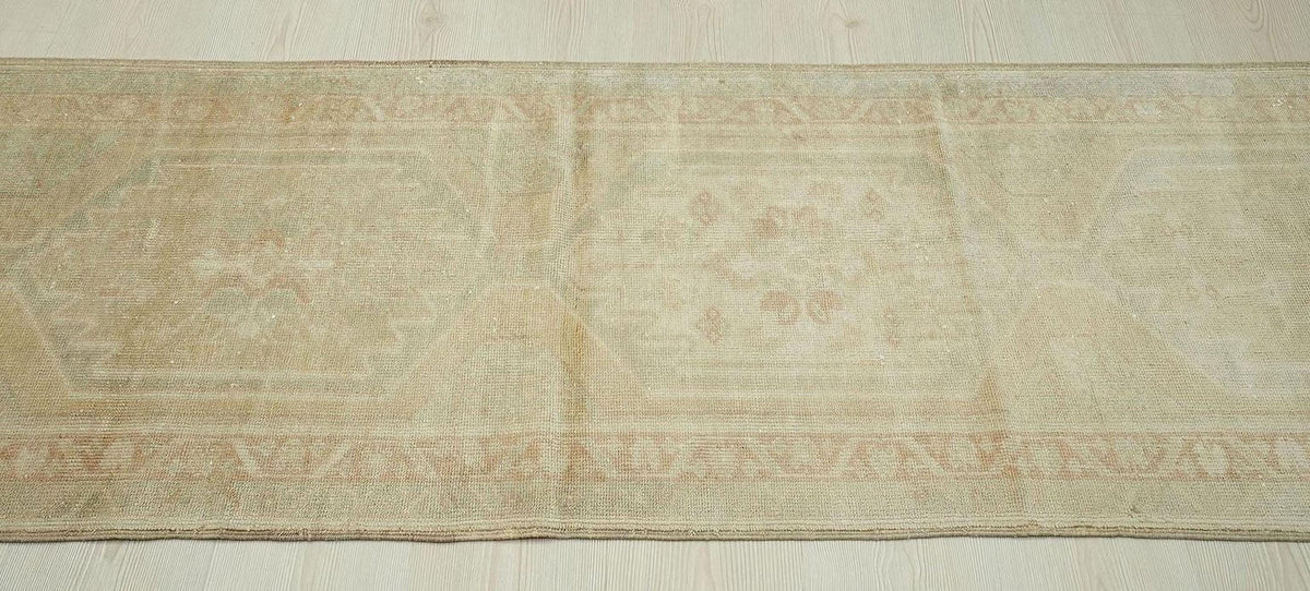 Extra Long Turkish Rug Runner: Handmade Wool Carpet, Faded Primitive Design (2.3x12.7 ft)