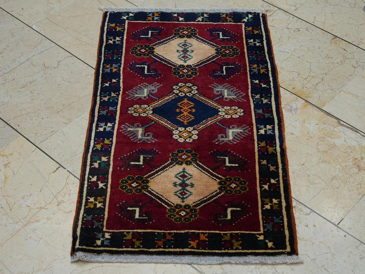 2x3 Small Size Old Turkish Carpet Rug: Wall Hanging Decor Mid Anatolian Handwoven Rugs.