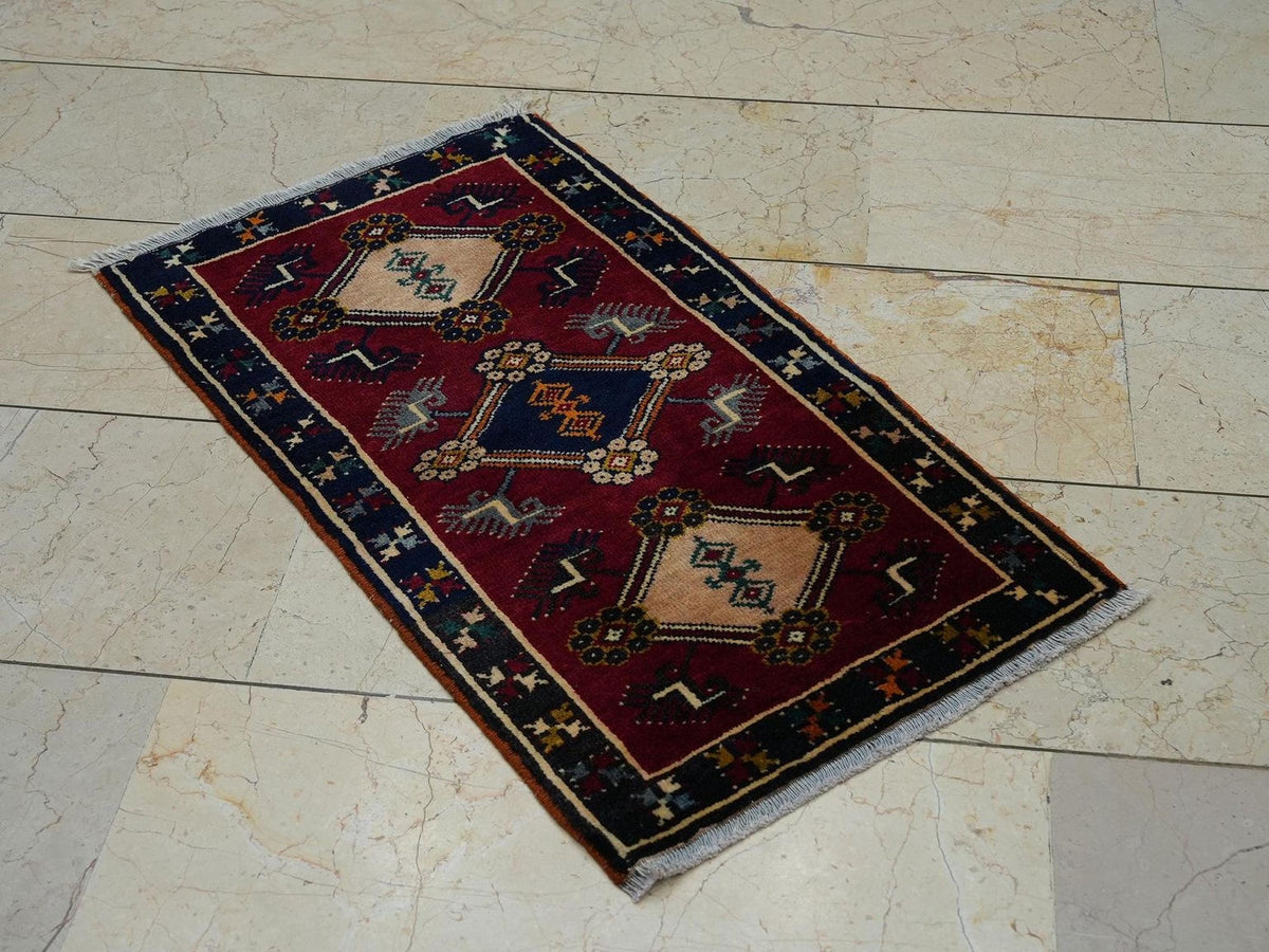 2x3 Small Size Old Turkish Carpet Rug: Wall Hanging Decor Mid Anatolian Handwoven Rugs.
